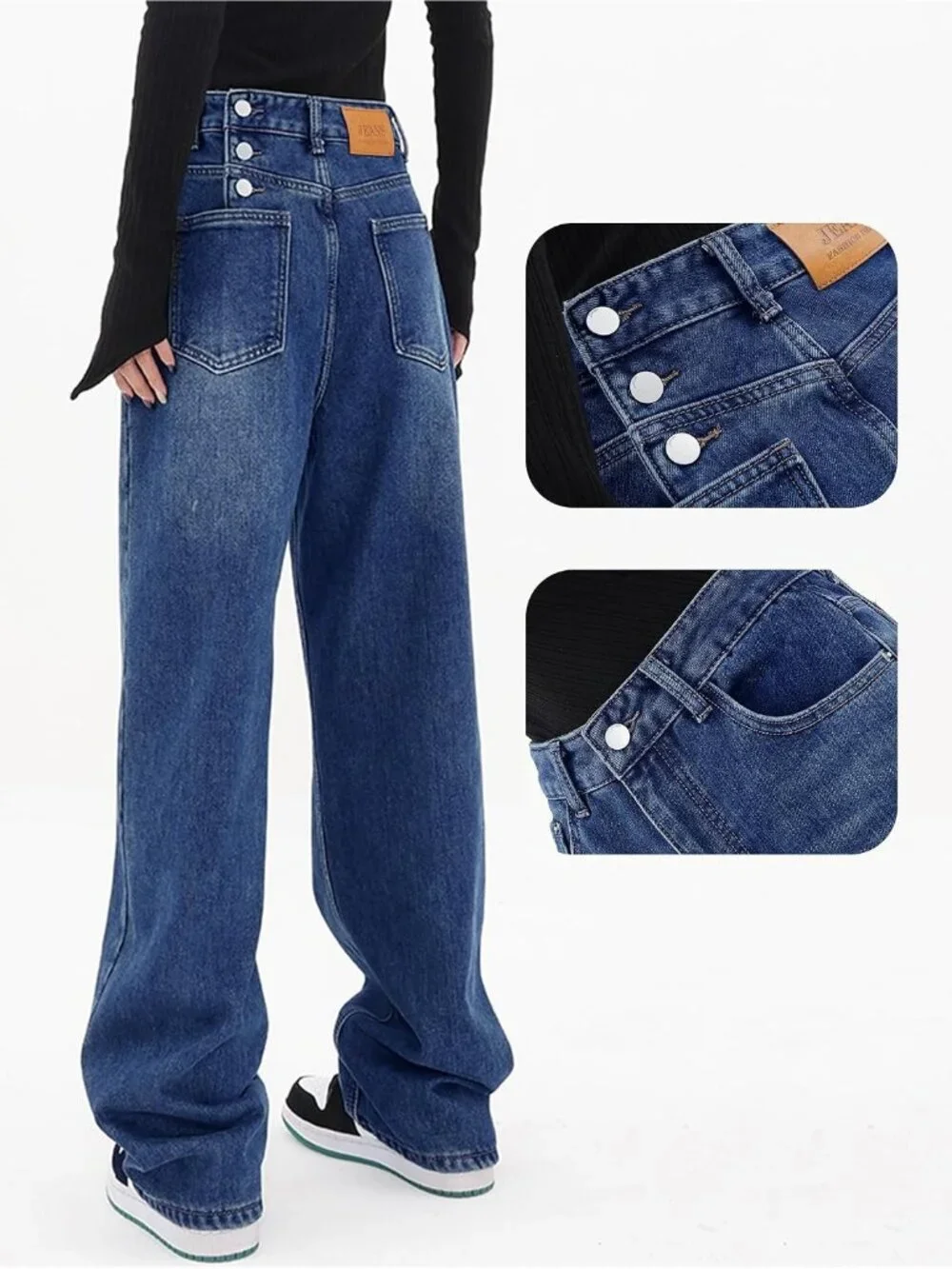 Women's Classic Blue Denim Y2k Straight Leg Button Zip High Waisted Baggy Jeans